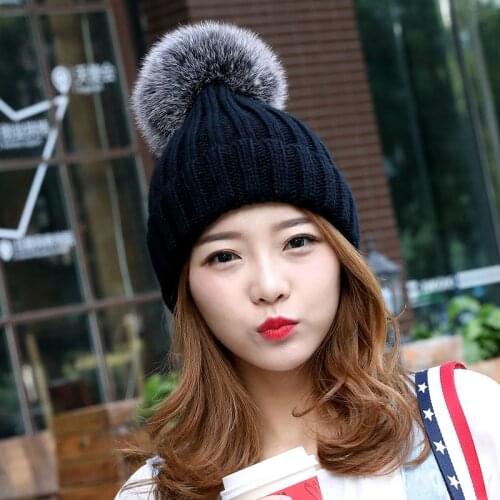 Fox fur winter hat for women girls pompom hats Beanies knitted womens racoon fur pom pom cap Parent-child beanie