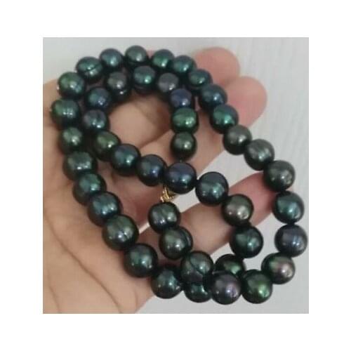 Baroque 9-10 MM AAA SOUTH SEA Black green PEARL NECKLACE s925 silver clasp 45cm