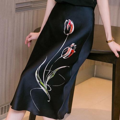 Women 2021 Spring Autumn Flower Print Satin Midi Skirt Female Vintage Casual A-Line Skirts Office Ladies Elegant Chic Skirt A768