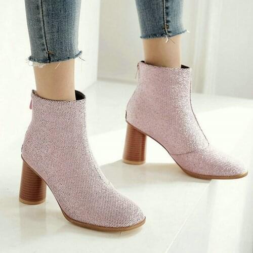 2021 Autumn Winter Women Ankle Boots Sequined Cloth Round High Heel Women Short Boots Zipper Round Toe Womens Shoes Big Size 45