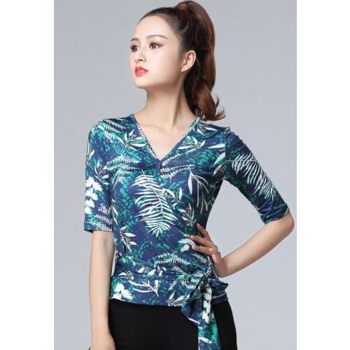 Women Latin tops Dance printing V-neck middle sleeve Sexy Modern Ballroom Samba Tango Flamengo Dancing Practice T-shirt Costume