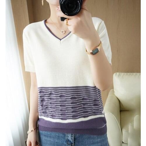 Zocept Womens Sweater Short-Sleeved V-Neck Pullover T-Shirt Ladies Casual Loose Cotton Linen Knitted Thin Gradient Color Tops