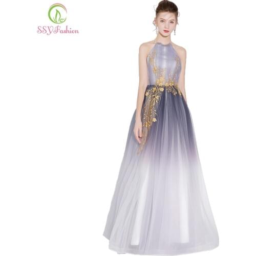 SSYFashion Sexy Evening Dress Gradient Grey Halter Backless Sleeveless Appliques Floor-length Party Gown Banquet Formal Dresses