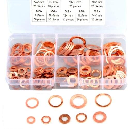 200Pcs Copper Sealing Solid Gasket Washer Set Flat Ring Seal Assortment Kit M5 M6 M8 M10 M12 M14 for Sump Plugs Accessories