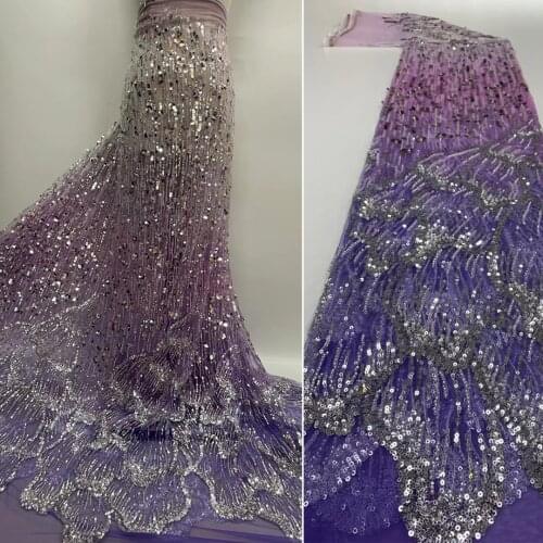 5yards/pc) High grade gradient purple tulle lace fabric with tube beads and sequins embroidery African French net lace FXZ106