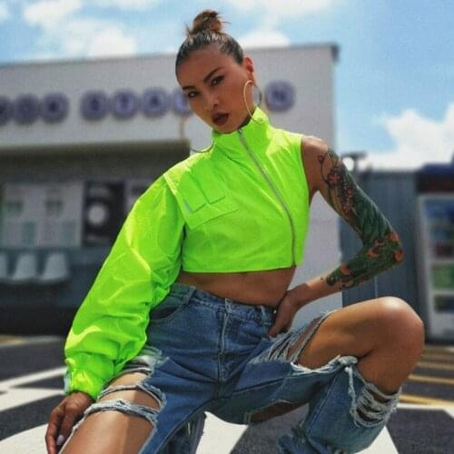 Asymmetric Zipper Small Coat Fluorescent Color Unilateral Lantern Sleeve High Collar Jazz Dance Costumes Rave Clothes DN8880