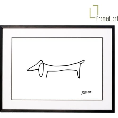 Framed art Picasso WEINER DOG linedrawing aluminum picture frame with matboard 30x40cm