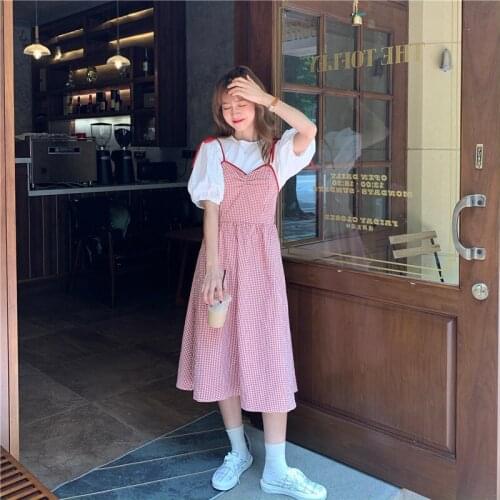 Kawaii Sleeveless Women Dress Japanese Girly Strap Camisole Dresses Summer Cute Plaid Female Clothing Mid-Length Streetwear