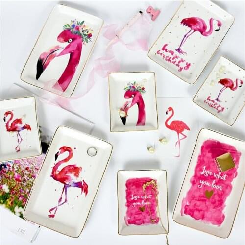 Hand-painted Gold Flamingo Ceramic Plate Jewelry Storage Tray Makeup Storage Home Desktop Decoration Home Key Storage Tray