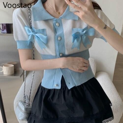 Summer Women Sweet Casual Knitted Short Sleeve T-shirt Fashion Chic Bow Pearl Button Cardigan Shirt Girls Korean Knitwear Tees