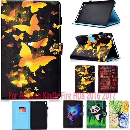 Fashion PU Leather Painted Case For Amazon Kindle Fire HD 8 HD8 2016 2017 Case Cover Funda Stand Elephant Fox Owl Dog Rabbit