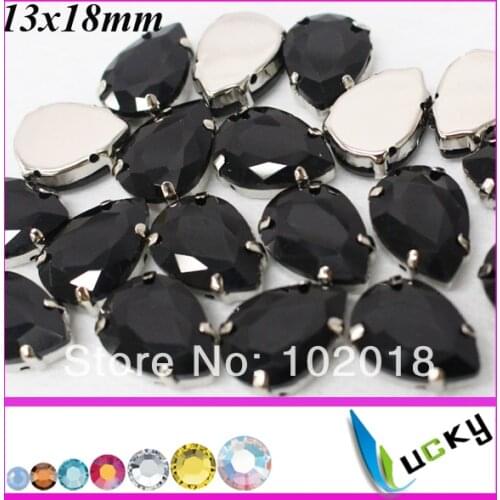 2014 New! Free Shipping!100pcs13*18mm Water Drop Shape Fancy Rhinestone Jet Color Sew on strass crystal Beads with metal claw