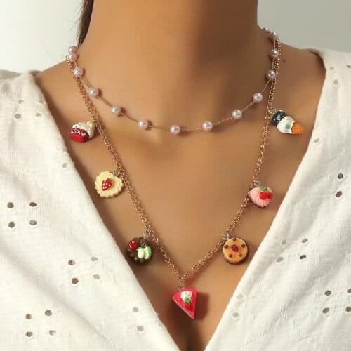 2Pcs/Set Pearl Beads Chain Necklace Cute Food Cake Ice Cream Pendant Necklaces for Women Girl Funny Jewelry Birthday Gift