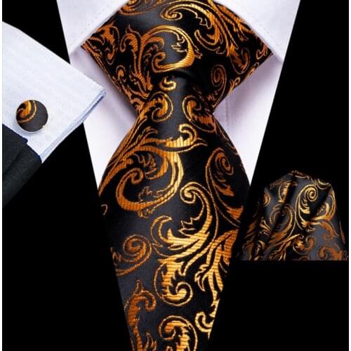 Hi-Tie Black Gold Floral Silk Wedding Necktie For Men Handky Cufflink Fashion Designer Tie For Men Business Party Dropshiping