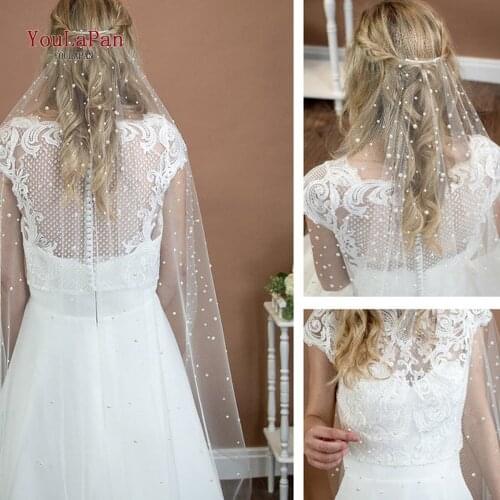 YouLaPan V01 Luxurious Bridal Veil One Layer Bridal Veil White Ivory Wedding Veil with beaded Pearls Soft Tulle Bridal Veils