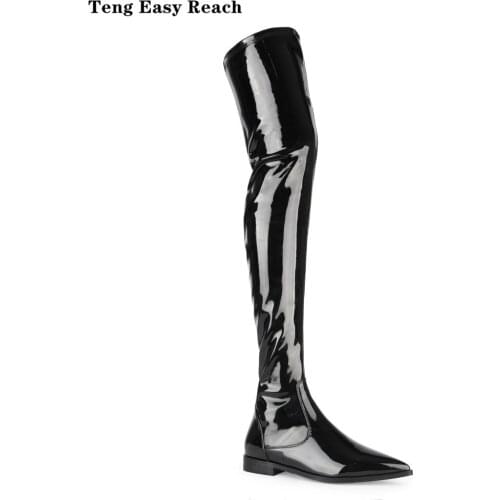 2020 New cow patent leather Women Boots Black Over the Knee Boots Sexy Female Autumn Winter lady Thigh High Boots 34-45