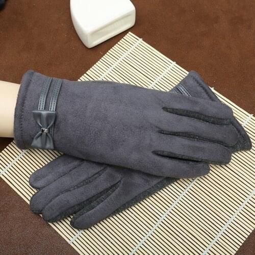 Touch Gloves Plus Velvet Warm Gloves Suede WOMENS Bow Riding Spring And Autumn And Winter Gloves