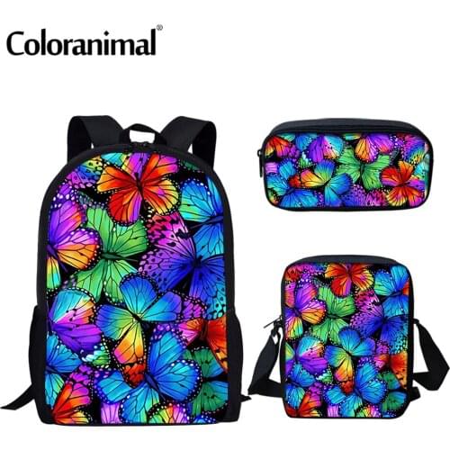 Coloranimal Colorful Butterflies 3D Printed Girls School Bag Large Capacity Backpack for Teenage Kid 3Set Children Book Bolsa