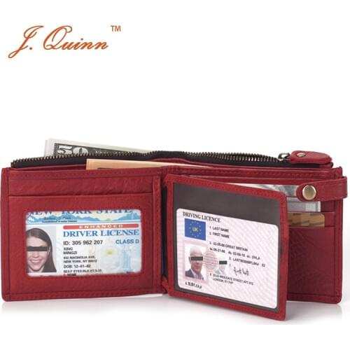 J.Quinn Modern Ladies Red Purse Hasp Genuine Leather Wallet with Zipper Coin Pocket ID Flap Driver Card Slot for Women Wallets