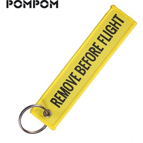 Remove Before Flight Yellow chain key chains Woven jacquard Key Ring Special Luggage Tag Label for Aviation Gifts OEM Keychain