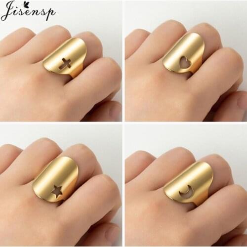 Punk Hip Pop Wide Stainless Steel Rings for Women Men Minimalist Jewelry Star Moon Cross Flower Adjustable Ring Wholesale Bijoux