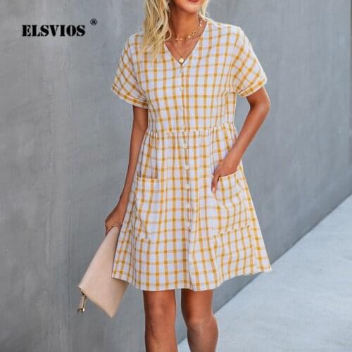 Vintage British Style Plaid Pocket V-Neck High Waist Mid Dress Casual Womens Short-Sleeve Single-Breasted Loose Summer Clothing