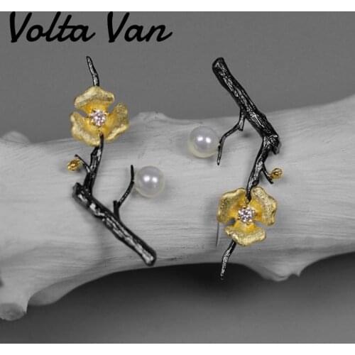 Volta Van 925 Sterling Silver Stud Earrings Freshwater Pearls Fine Jewelry Simulation Tree Branch Flower Zircon Silver Earrings