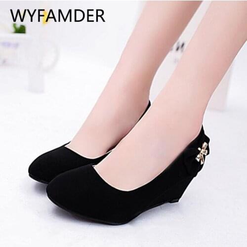 WYFAMDER 2021 Chic Bow Wedges Shoes Women Autumn Fashion Pointed Toe High Heels Black Office Lady Pumps Plus Size WP29