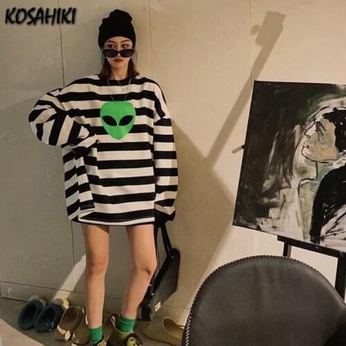 KOSAHIKI Women Alien Print Striped Oversized Hoodie Casual Crew Neck Sweatshirt Harajuku Streetwear Tops Lady 2021 Autumn New