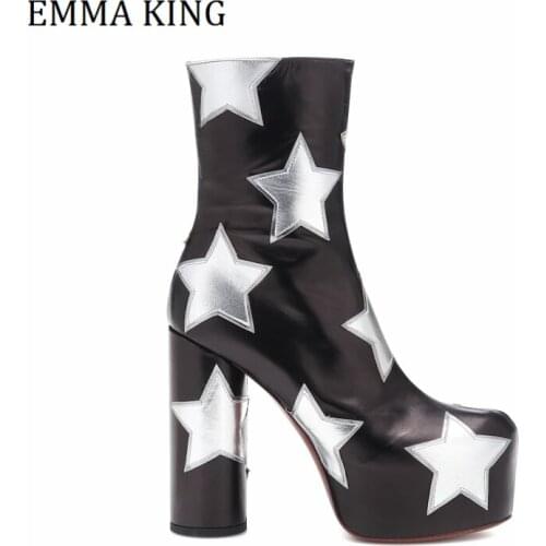 2020 Autumn Winter Women Platform Ankle Boots Round Toe Star Leather High Heels Shoes Side Zipper Woman Chelsea Boots Size 35-43