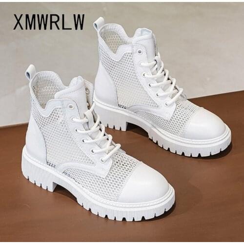 XMWRLW Breathable Mesh Women Summer Boots Fashion Lace up Shoes High Heels Boots For Women Summer Shoes Genuine Leather Boot