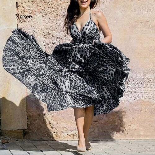 Leopard Print Long Dress Summer V-Neck Party Print Sexy Bodycon Women Backless Sleeveless Fashion Leopard Sling Big Dresses