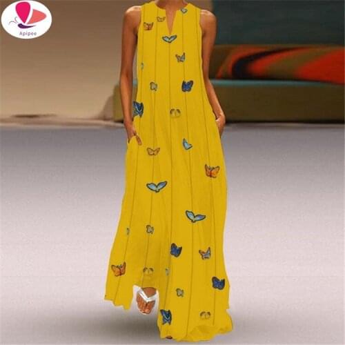 Womens Floral Print Boho Beach Dress a Line Dress Sundress Robe Trendy Butterfly Print Expandable Sleeveless Dresses