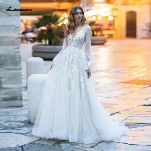 Lakshmiown Plus Size Bridal Dress V Neck Boho Wedding Dress Long Sleeve Vintage Lace Appliques Wedding Gown 2020 Abito da Sposa