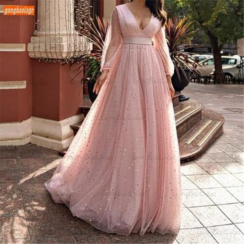 Fashion V Neck Evening Dresses Pink 2021 Women Tulle A Line vestidos de fiesta de noche Long Sleeves robe de soirée de mariage