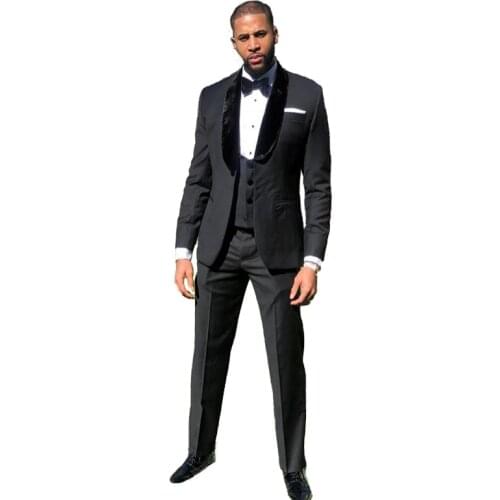 Black Wedding Tuxedos Big Shawl Slim Fit Groom Suits Groomsmen Prom Party Dinner Business Three Piece Suits (Jacket+Pants+Vest)
