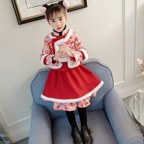 Childrens cheongsam printed suit red New Years clothing autumn winter thickened Hanfu Chinese costume performance clothing