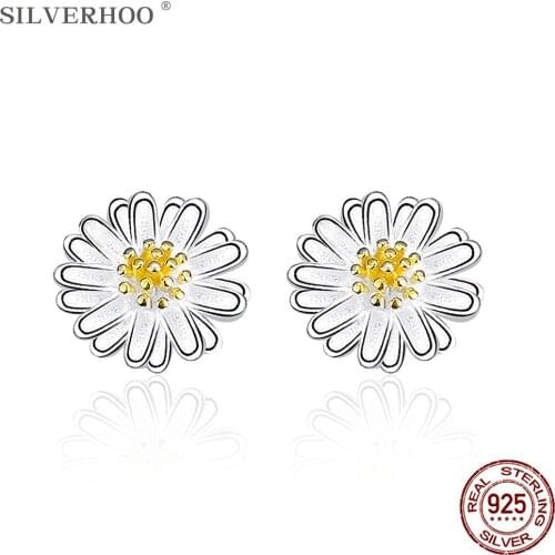 SILVERHOO Earrings For Women 925 Sterling Silver Trendy Cute Daisy Stud Earring Fine Jewelry Anniversary Gift To Girlfriend