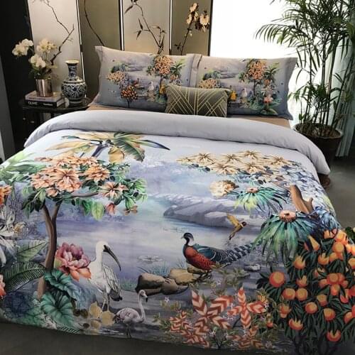 100% Cotton Sanding Printed Flower Bedding Set Wedding Bed Sheet set Duvet Cover Pillowcase Queen King 4pcs Animal peacock bird