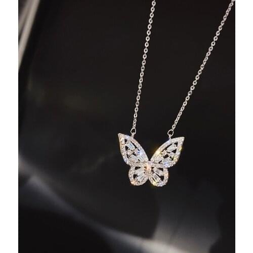 Korea hot Fashion Jewelry Exquisite Copper Inlay Zircon Smart Three-dimensional Butterfly Pendant Clavicle Necklace for women