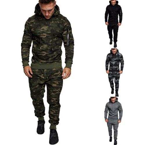 Mens Camouflage Zipper Long-Sleeved Sweater 2021 Autumn New Hooded Sweater 4-Color Versatile Sports Trousers Suit