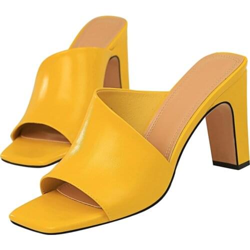 2021 Women Mules Yellow Slides Female Thick Block Heels Silver Slippers Sexy Summer 8.5cm High Heels Luxury Peep Toe Black Shoes