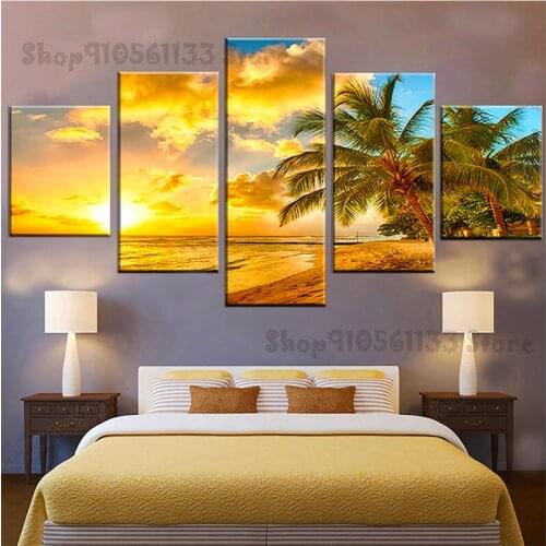 5 Panel Palm Trees Sea Sunset Landscape 5d diy diamond painting diamond embroidery square full round of drill mosaic kit FF4615