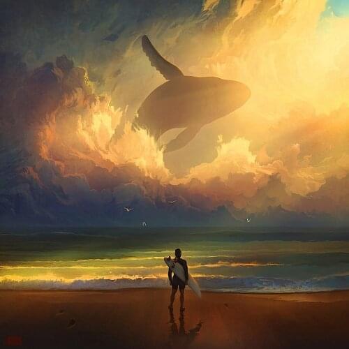 5D DIY Poured Glue Diamond Painting Kits Scalloped Edge Surfing Boy and Flying Whale Unique Handcraft Wall Home Decoration Gift