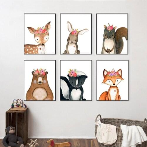 Watercolor Woodland Animals Nordic Posters and Prints Animal Flowers Crown Nursery Wall Art Canvas Painting Kids Room Decoration