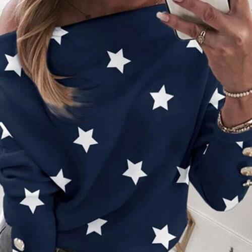 Sexy Off Shoulder Star Print Shirt Tops Women Skew Collar Casual Long Sleeve Blouse Spring Sweatshirt Blusa Pullover Streetwear