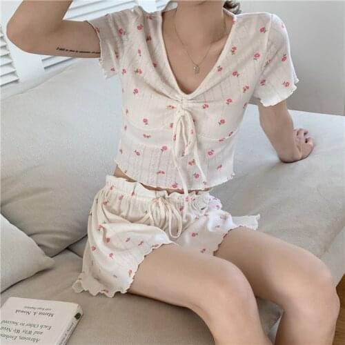 Floral Print Summer Pajamas Set Sweet Cotton Korean Sleepwear Drawstring Short Sleeve V-Neck Home Clothes Homewear Hollow