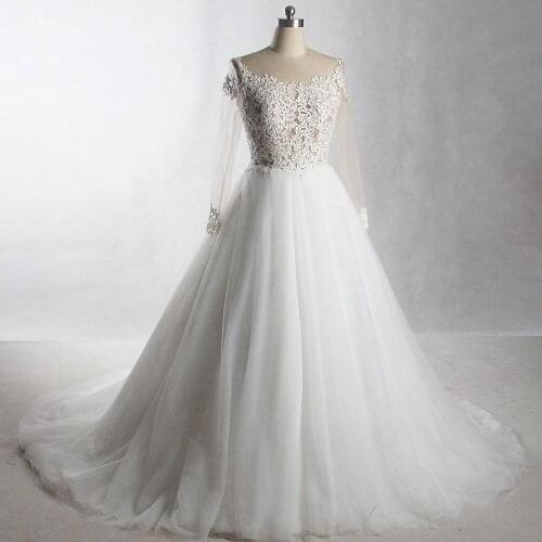 RSW899 Yiaibridal Real Job Photos Illusion Back Boat Neckline Lace Ball Gown Wedding Dress Long Sleeve