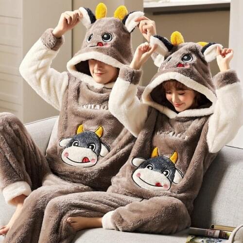 Warm Mens Pajamas Winter Flannel Couple Pajamas Unisex Adult Anime Cartoon Cute Sleepwear Thicken Hooded Women Men Home Clothes