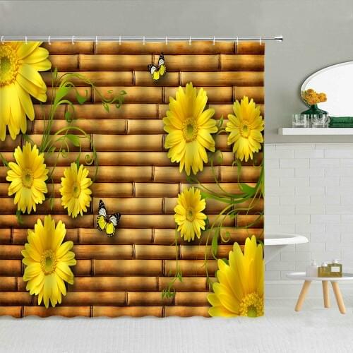Yellow Daisy Flower Green Leaves Shower Curtain Bamboo Wood Striped Backdrop Bathroom Decor Waterproof Fabric Hooks Curtains Set